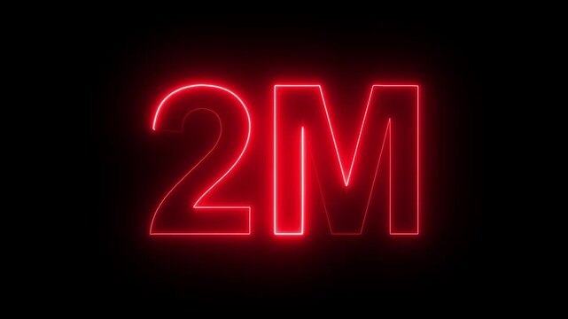 Neon number 2M million text icon animation glowing red color celebration like comment share follower social media subscriber signboard template with black background. 4k video