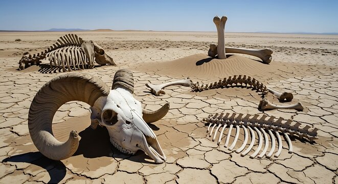 Animal bones in dry cracked earth landscape.