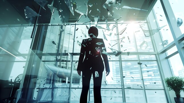 Businesswoman analyzing the cracks in a glass ceiling before the final break. Concept of strategic thinking, patience, and calculated success in the corporate world.