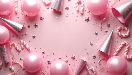 Fototapeta premium Pink birthday party flat lay with balloons, candy canes, confetti stars and party hats. Festive arrangement for a girl celebration or baby shower.
