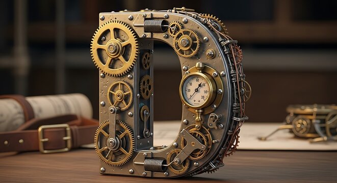 Steampunk letter with clockwork mechanisms.
