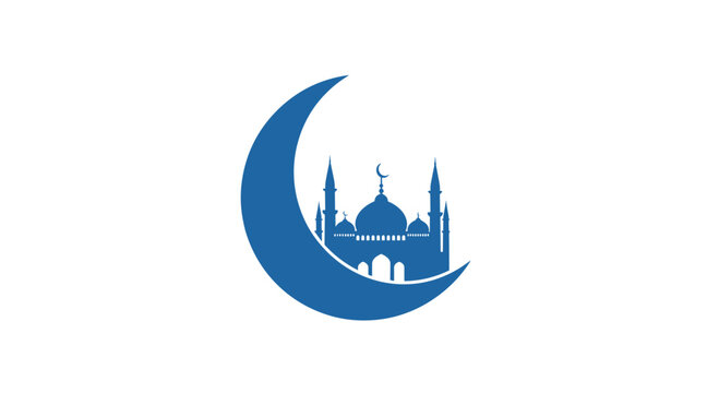A minimalist blue silhouette of a traditional mosque with elegant domes and minarets is perfectly nestled inside the curve of a large crescent moon shape.