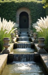 Obraz premium Elegant cascading water feature in a rich garden with ornate urns and tall ornamental grasses. Sunlight illuminates flowing water channels leading to an arched entrance gate.