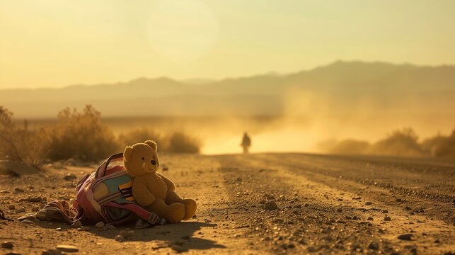 Items left behind on a trail near the border, highlighting the need for humanitarian aid. Concept of missing persons, search operations, and the help for refugees.