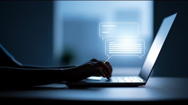 Interact With a Legal Chatbot for Instant Legal Advice in a Home Setting at Night Using a Laptop and Typing on the Keyboard