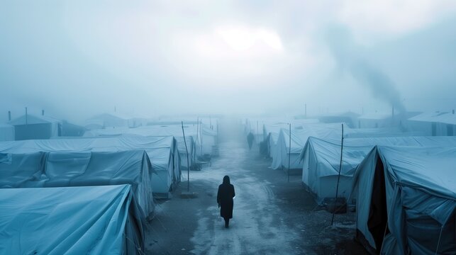 A high-angle view of a large-scale tent city for displaced people. Concept of international aid, logistics of charity, and organized humanitarian response.