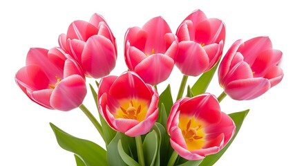Fototapeta premium A vibrant bouquet of pink tulips with delicate yellow accents isolated on white background