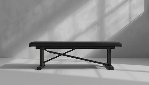 A sleek black exercise bench in a modern fitness studio with natural light