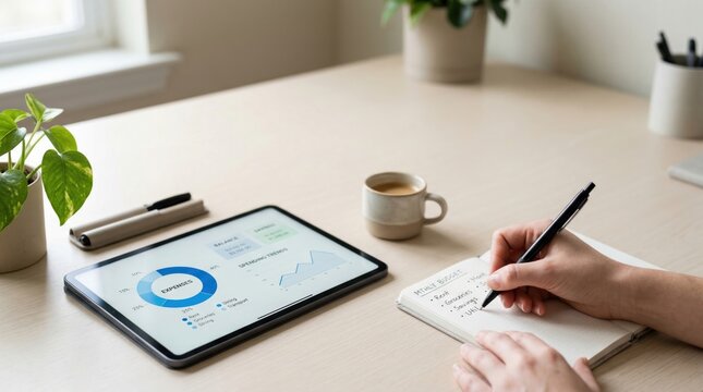 Person writing monthly budget beside tablet expense dashboard showcasing financial planning household budgeting and personal finance management