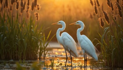 Fototapeta premium Two white egrets stand in wetland marsh grasses. Golden hour light illuminates water plants and reeds. Birds are serene and peaceful during dawn or dusk.