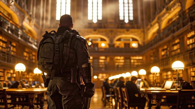 Dramatic lighting on a police uniform in a vast hall of books and lamps. Concept of the thin blue line, institutional power, and the contrast between peace and force.