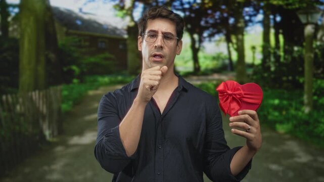 Man holding red heart gift, fist to mouth on a forest path near wooden building; heartbreak sorrow longing.