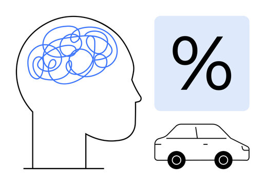 Transportation, decision-making, car loans, insurance rates, financial planning, cognitive analysis. Human head profile with brain illustration, percentage sign and car symbol. Decision-making