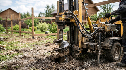 Fototapeta premium Close-up of a hydraulic drilling rig drilling holes for fence posts in a residential yard, the process of drilling land for construction and landscape design