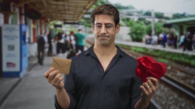 Man holds red heart box and brown envelope with hands, frowning while comparing gifts on a train platform inside a building; uncertainty longing.