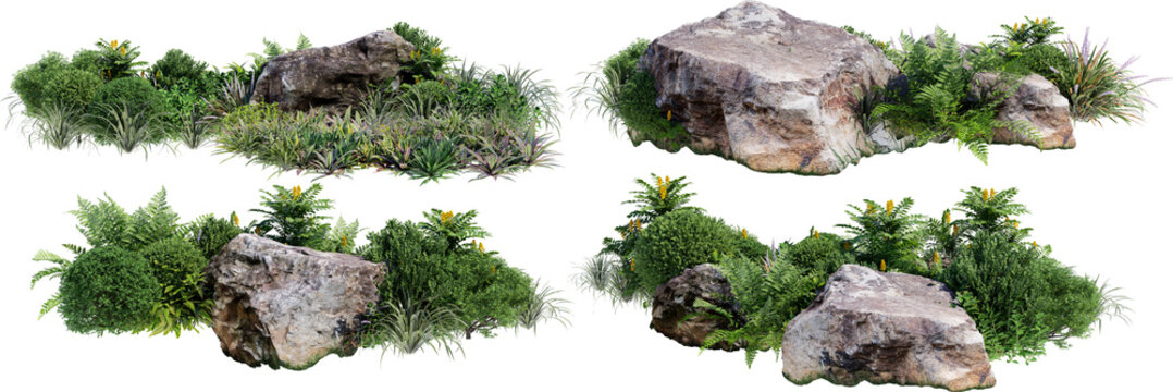 A small garden decorated with stones and various plants on a transparent background.