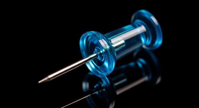 Close-up of a blue translucent pushpin, with metallic needle, reflecting on a glossy black surface
