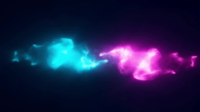 Two clusters of quantum particles moving in perfect sync in a dark cinematic space, illustrating non-local connection concept of quantum physics and entanglement