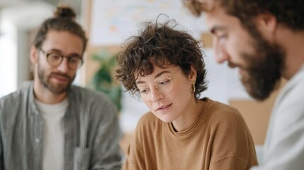 Obraz premium Three people, two men and a woman, sitting around a table and engaged in a conversation. the woman is in the center of the image, with curly hair and glasses, and she appears to be deep in thought.