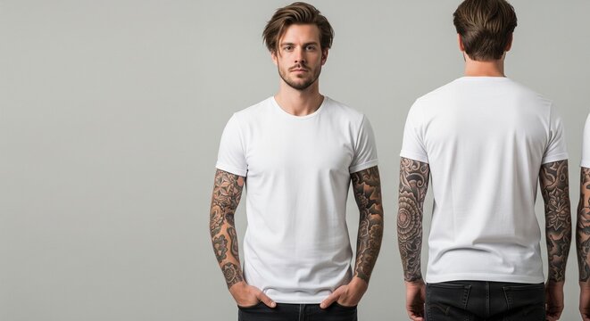 Man in white t-shirt with full arm tattoos front and back view isolated on gray