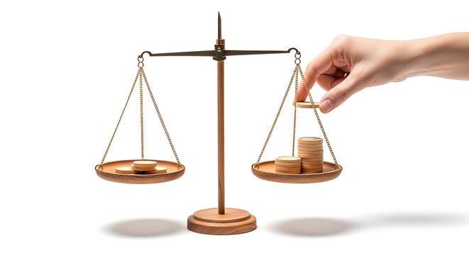 A hand adjusting scales of justice with an unbalanced weight isolated on white background