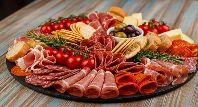 Delicious charcuterie board with cured meats and cheese