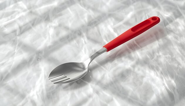 A spork with a red handle on a crumpled white background