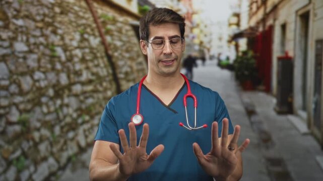 Doctor man in blue scrubs and red stethoscope raises both hands palms out on a narrow cobblestone street with stone wall and blurred pedestrians; concern.