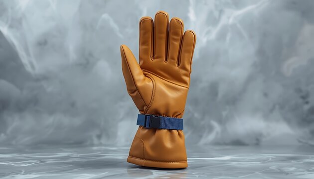 A single brown leather glove with a blue strap on a gray background