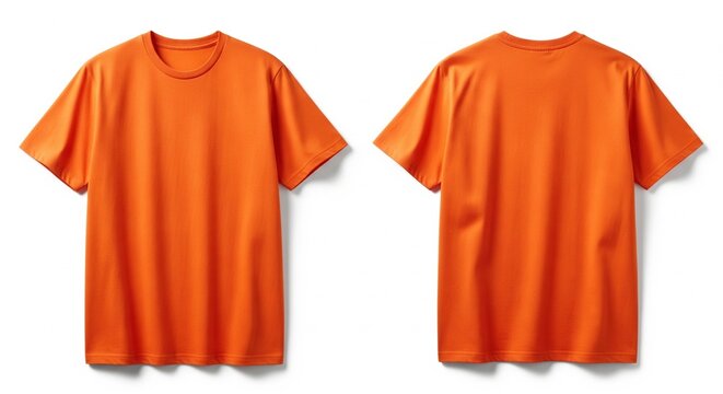 Two orange t-shirts front and back view isolated on white background studio shot