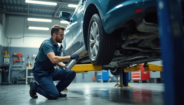 Man in blue overalls works on car chassis under lift. Mechanic sprays protective anti corrosion coat to vehicle underside in auto repair garage workshop. He wears gloves and glasses.