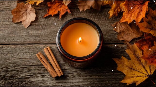 Creating a Rich Autumn Atmosphere With a Seasonal Orange Candle in a Flat Lay Surrounded by Leaves and Cinnamon Sticks