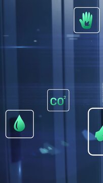 Green icon tiles floating over dark blue panels, incoming data updating CO2 water euro environment