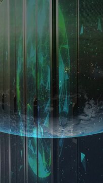 Aurora ribbon and planet horizon revealing as slats glow, sparks drifting for technology UI