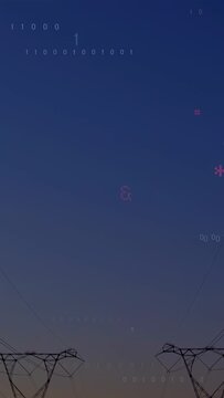 Sunset starting floating glyphs above transmission towers, code cascading to visualize data flow