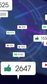 Vertical video: Counters popping, rising over neon globe, updating totals, showing marketing data