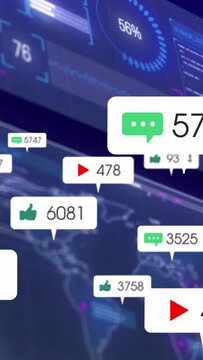 Vertical video: Clip playing, bubbles growing over map, gauges updating, showing marketing growth