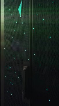 Panel with handle staying still, emblem appearing and rotating, emitting teal specks for tech test