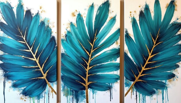 Abstract artwork features triptych panels with stylized teal palm leaves accented by gold veins and splatters. Dripping paint adds texture to the white backdrop, creating a modern tropical vibe.