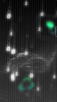 Vertical video: Green node rising as data rain driving ring morphing then fading to dot line for UI