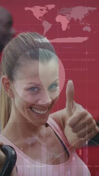 Vertical video: Woman holding kettlebell while camera pulling up, overlays updating fitness metrics