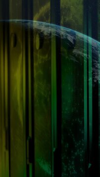 Timeline scrub revealing planet crescent, color shifting while vertical panels unveiling orbital UI