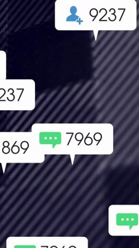 Vertical video: Badges entering frame3, forming social metrics hub over striped backdrop, fading