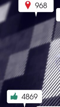 Vertical video: Bubble labels stacking on dark grid, triggered by social feed, showing metrics