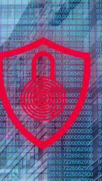 Numeric matrix updating, shield cycling and fingerprint pulsing over glass tower showing security