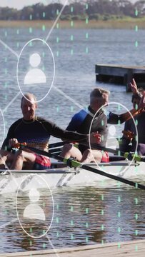 Vertical video: Rowing crew sitting dock center raising hand, overlay linking team bonding hi-fives