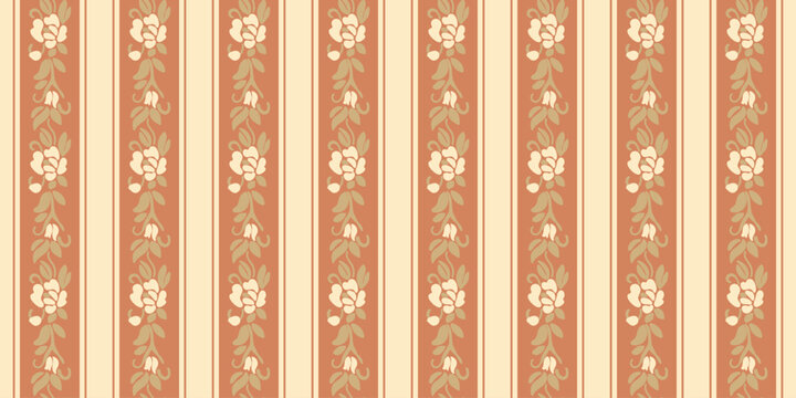 Seamless vertical floral stripe pattern in terracotta tones