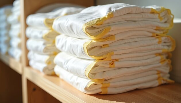 Stacks of soft white cloth diapers with yellow trim sit neatly organized on a light wood shelf. These baby essentials offer comfort and care for infants and toddlers. Modern minimalist design.