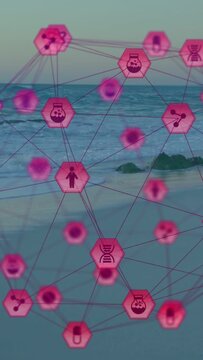 Vertical video: On load clear magenta hex network shifting DNA icons flashing showing health data