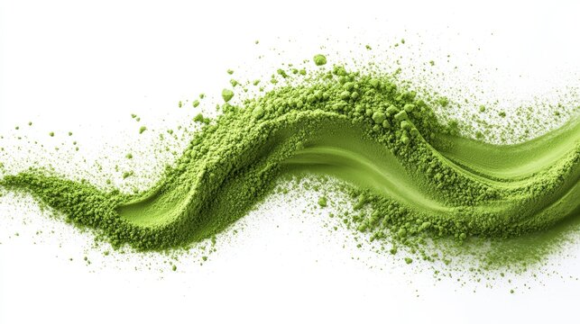 Matcha powder air isolated on white background,superfood powder,diet and healthy life,green tea powder,Japanese tea leaves,popular menu trendy, wellness concept.